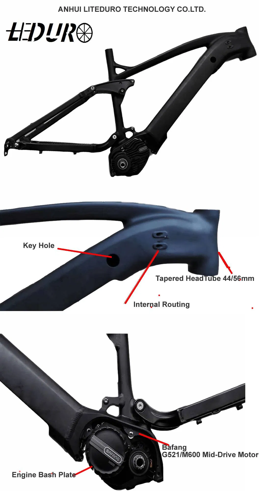 Aluminum Mountain Bicycle Parts Electric Bike 500W MID-Drive Motor Full Suspension Frame