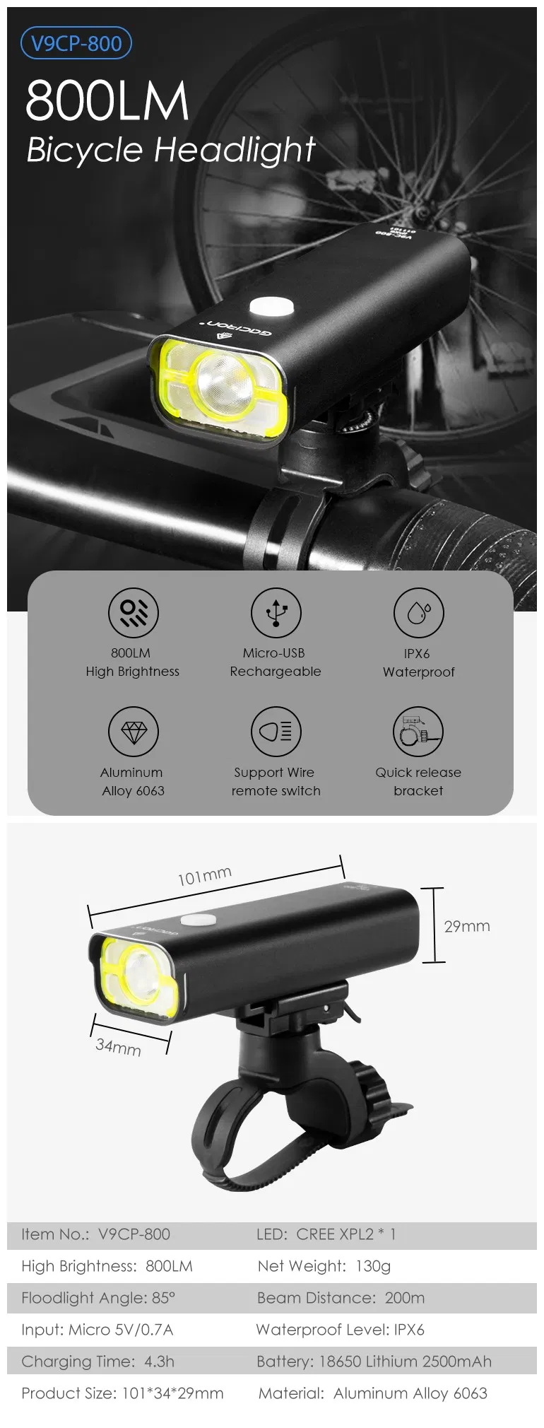 Gaciron Aluminum Alloy Ipx6 Waterproof Rechargeable Bike Light 800 Lumen LED Road Bicycle Accessories Head Lamp