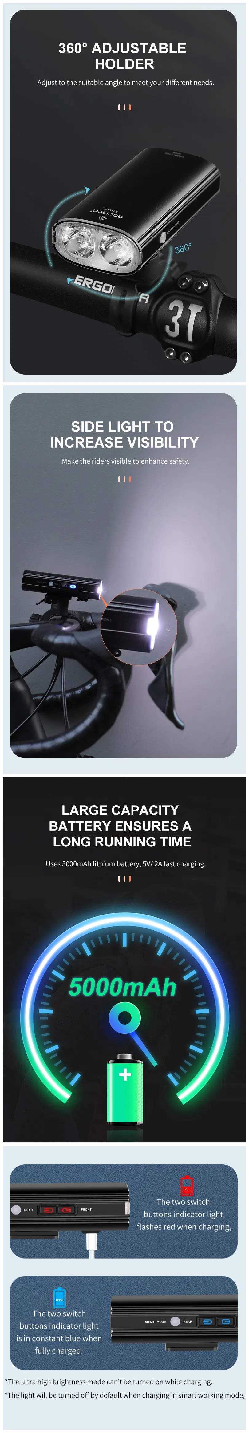 Gaciron Newest 1700 Lumen Aluminum Alloy Smart Bike Light Front Light and Taillight 2 in 1 LED Bike Light Set MTB Light