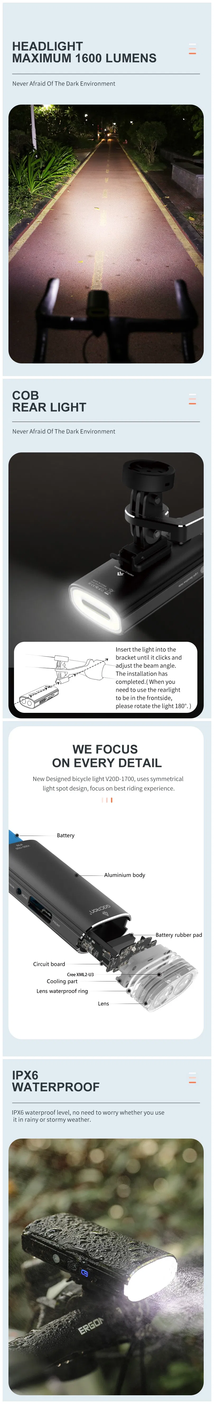 Gaciron Newest 1700 Lumen Aluminum Alloy Smart Bike Light Front Light and Taillight 2 in 1 LED Bike Light Set MTB Light