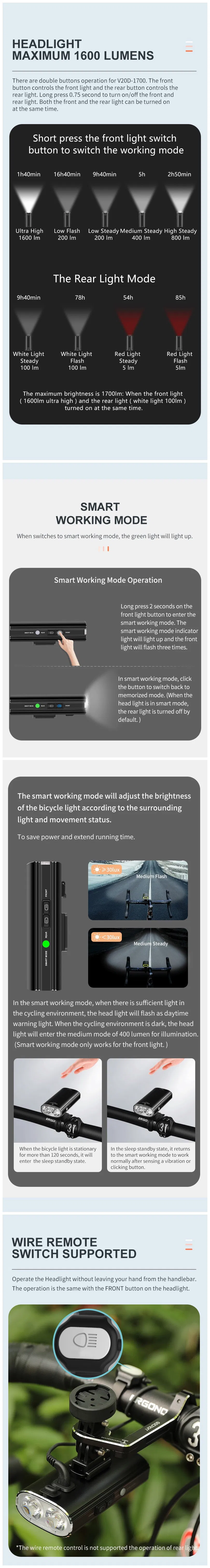 Gaciron Newest 1700 Lumen Aluminum Alloy Smart Bike Light Front Light and Taillight 2 in 1 LED Bike Light Set MTB Light