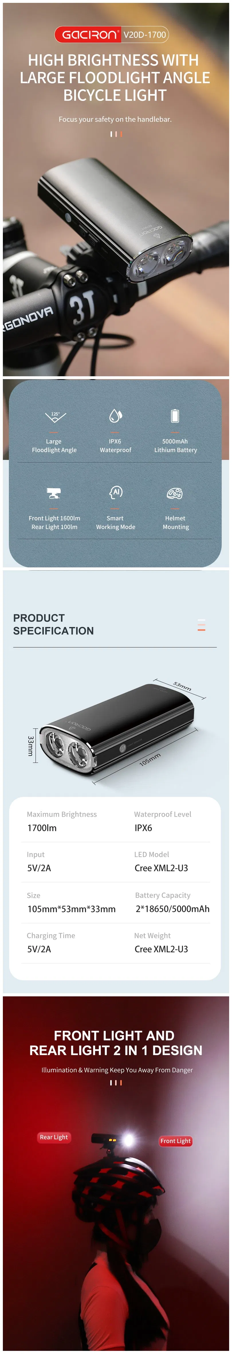 Gaciron Newest 1700 Lumen Aluminum Alloy Smart Bike Light Front Light and Taillight 2 in 1 LED Bike Light Set MTB Light