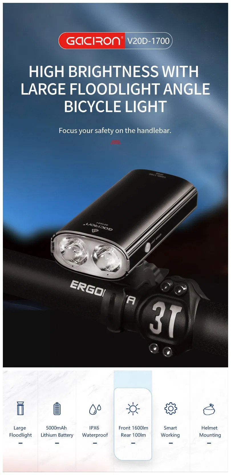 Gaciron Newest 1700 Lumen Headlight and Taillight 2 in 1 CREE Xml Built-in 5000 mAh Full Aluminium Alloy Ipx6 Bike LED Light