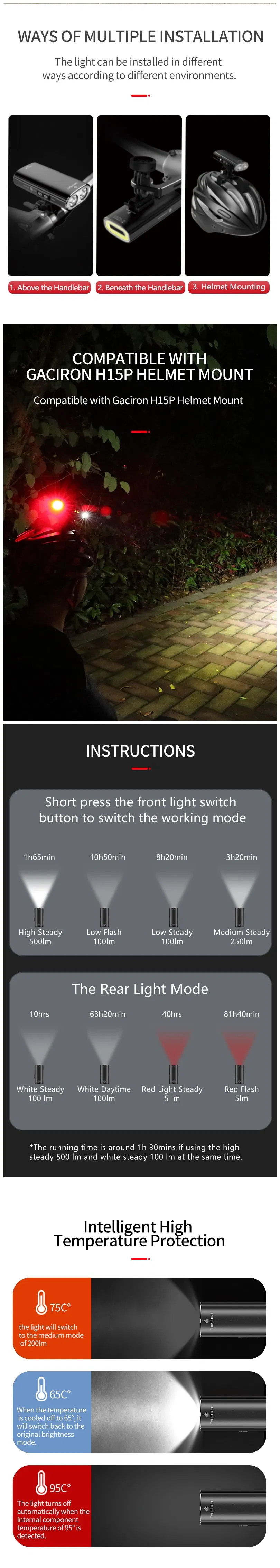 Gaciron Newest V20c-600 Bike Light Bike Front Light and Rear Light 2 in 1 LED Flashlight Bicycle Head Light