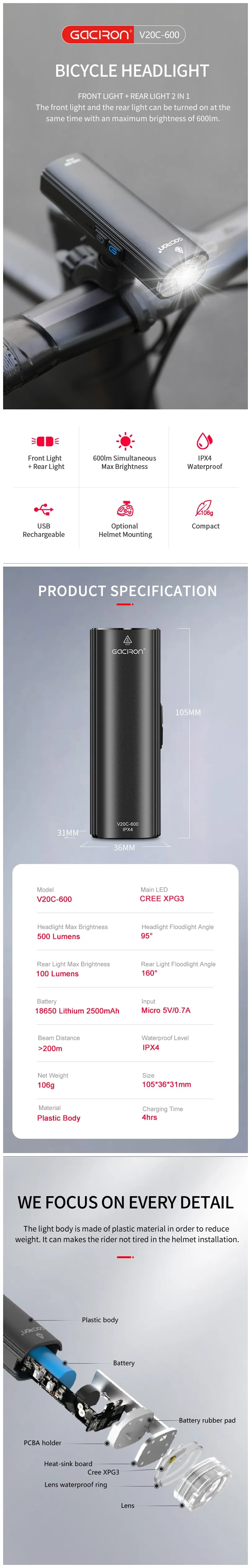 Gaciron Newest V20c-600 Bike Light Bike Front Light and Rear Light 2 in 1 LED Flashlight Bicycle Head Light