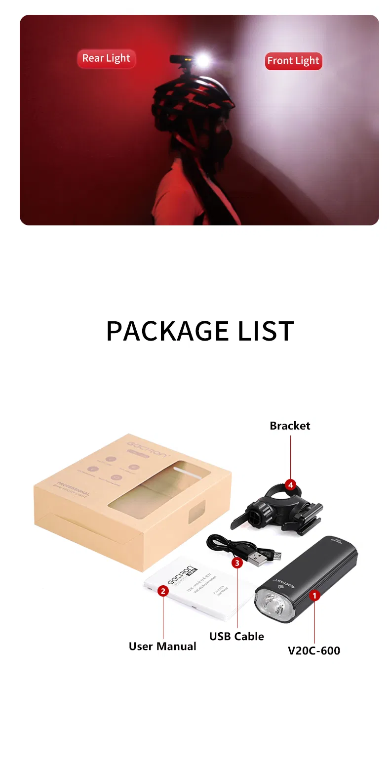 Gaciron Newest V20c-600 Bike Light Bike Front Light and Rear Light 2 in 1 LED Flashlight Bicycle Head Light